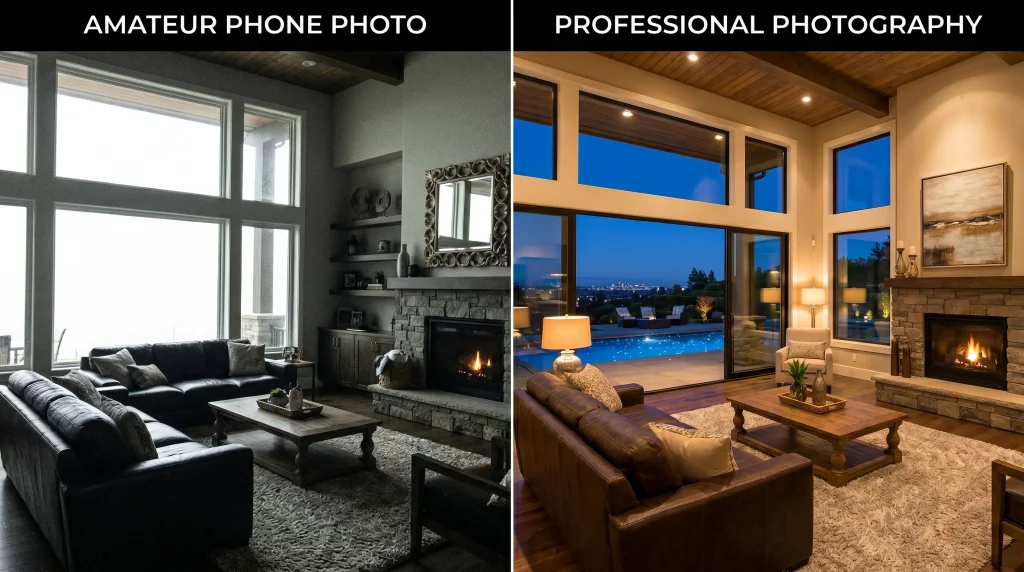 Before and after professional twilight real estate photography in Sarasota FL.