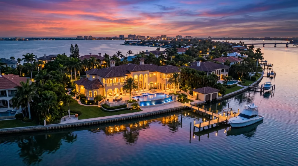 Aerial drone view of a luxury waterfront estate on Siesta Key showcasing Sarasota property marketing.